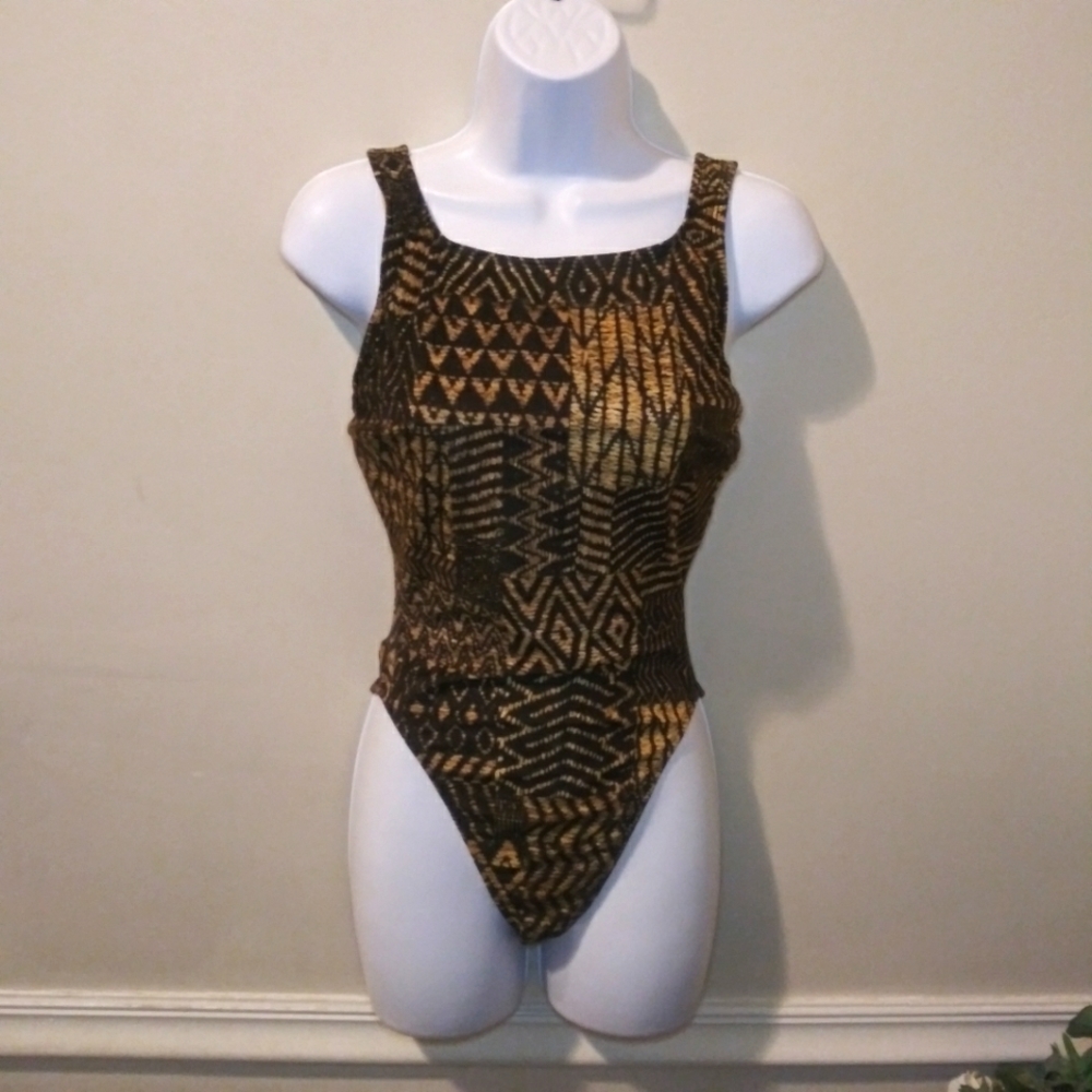 Vintage 1990's/Y2K Tribal Print Baja Blue Tan/Black High-Cut One Piece Swimsuit